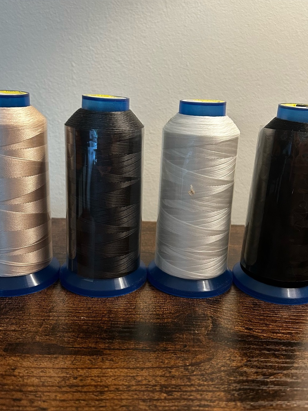Lot of 4 Polyester Sewing Machine Thread Cones, White, Tan, Black ,Dark Gray6000